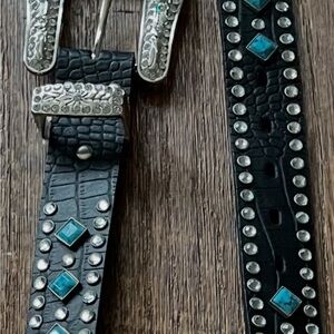Women’s Black and Silver Studded Belt with Turquoise Accents Leather XL NWOT